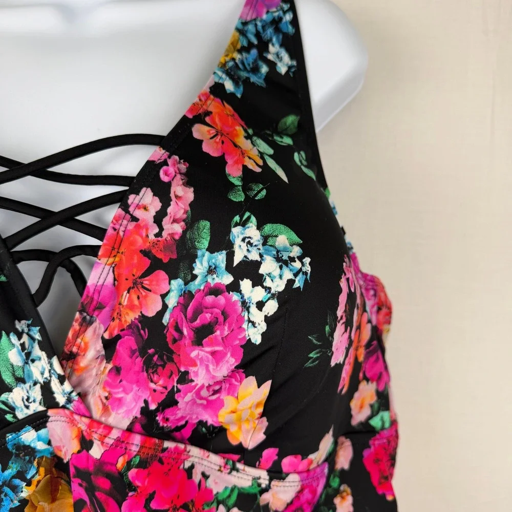 Torrid Floral Lattice V-Neck Tankini Swim Top Black Pink Plus Size 3 3X